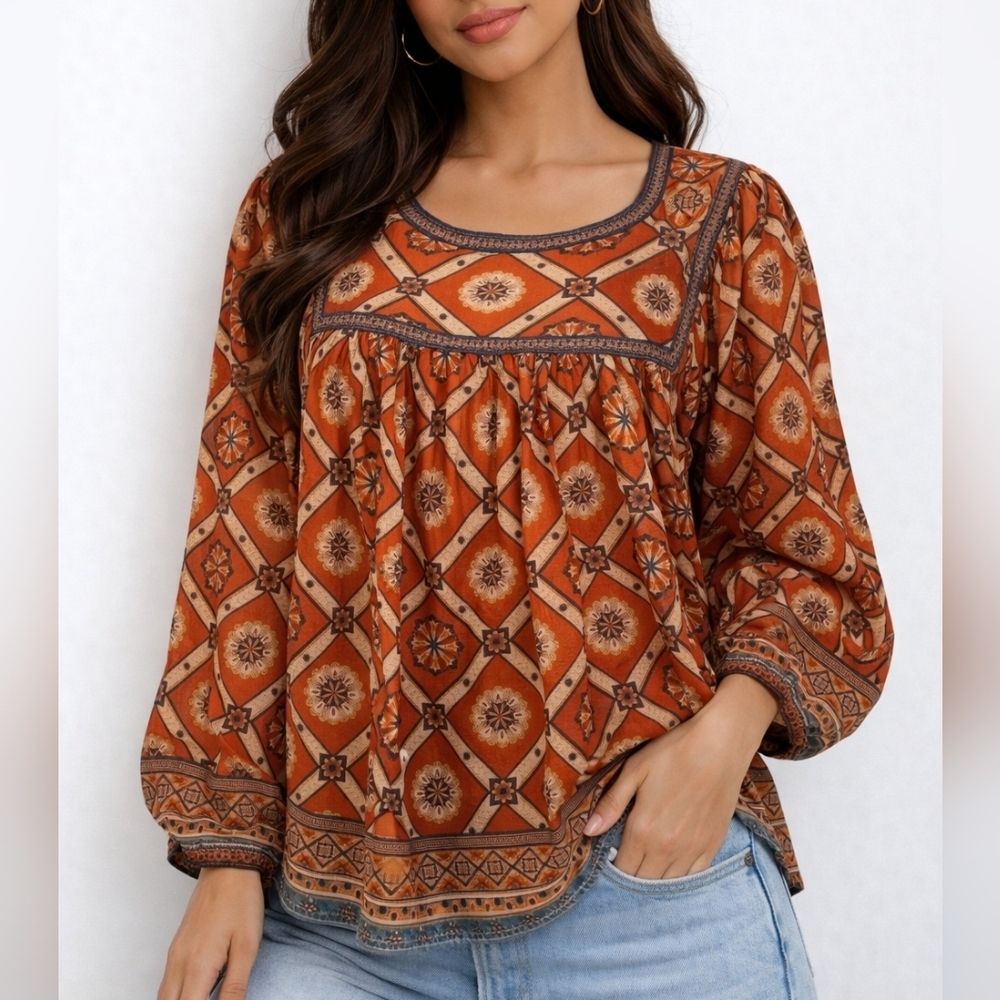 AVARA Tomato Red Ethnic Floral Patterned Puff Sleeve Oversized Chiffon Top Large